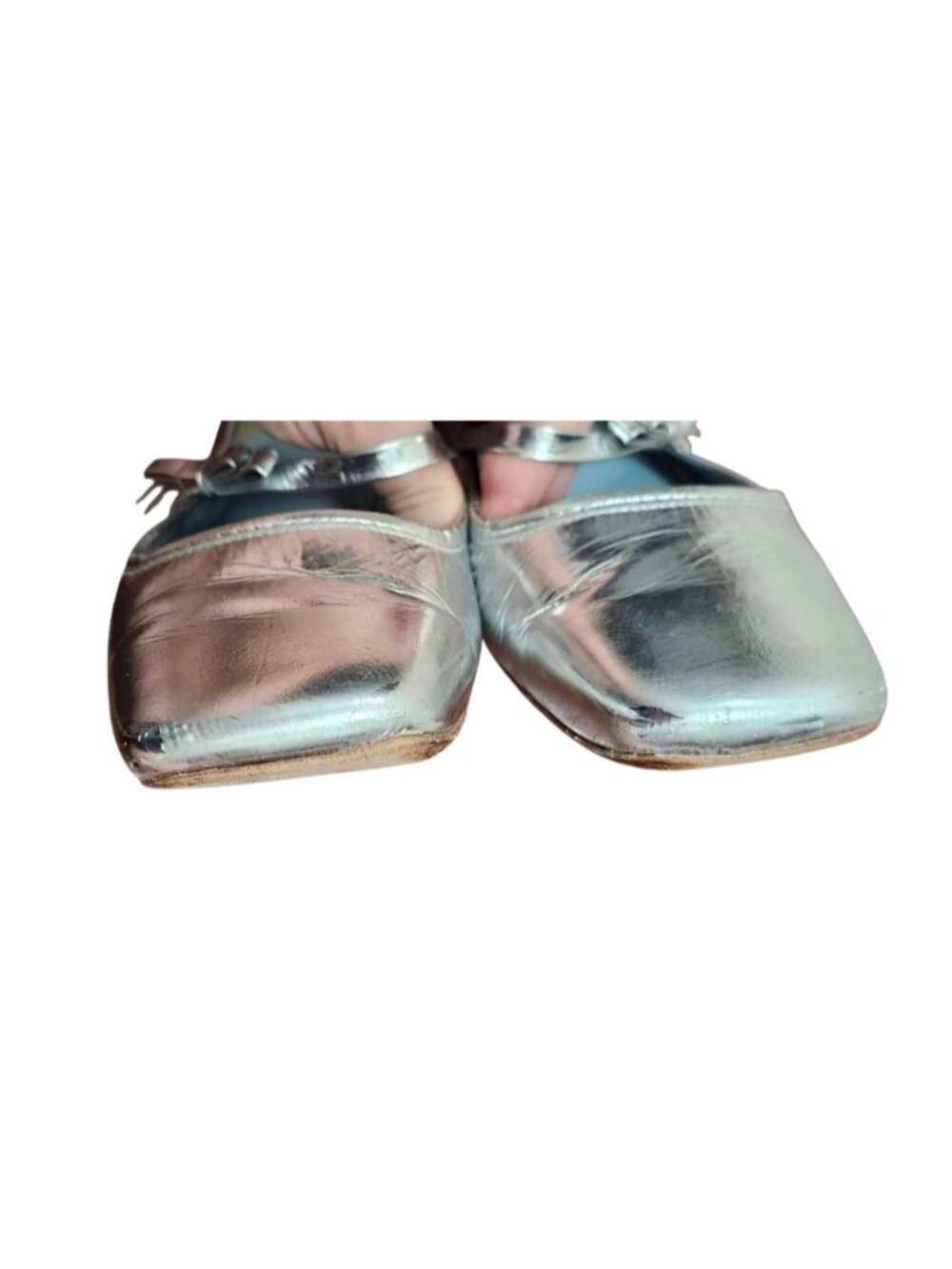 Frances Valentine Silver Metallic Leather Mary Jane Ballet Flats Bow Shoes Sz 9B - Picture 4 of 14